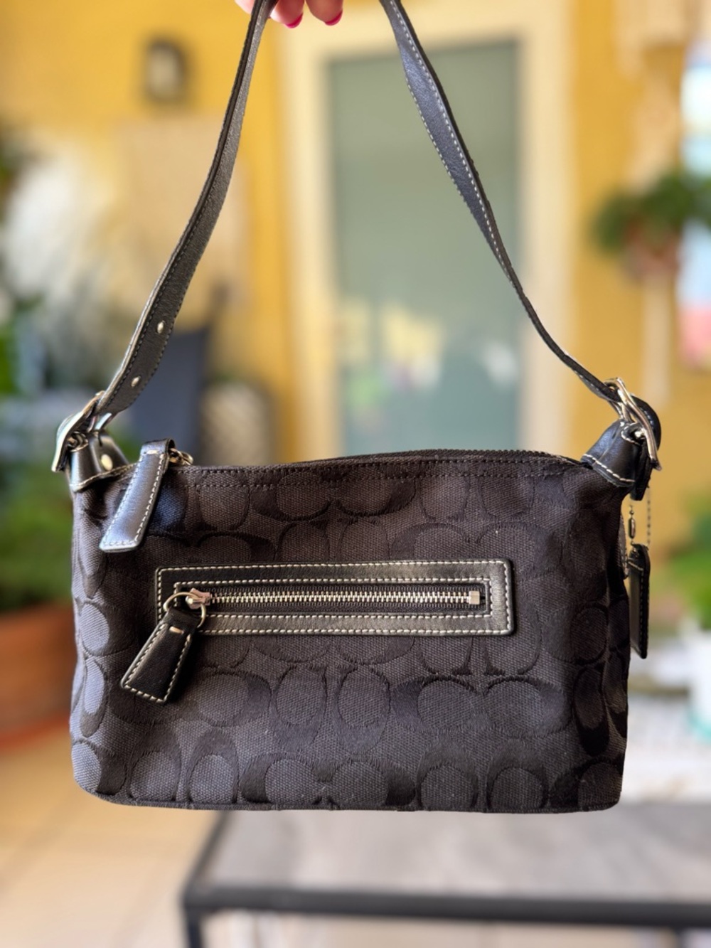 Vintage Coach Black Signature Jacquard Small Shoulder Bag with Front Zip
